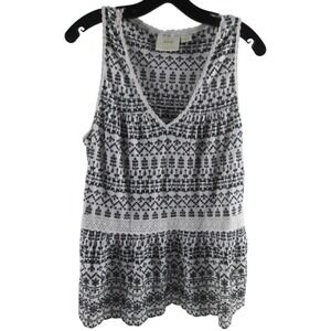 Maeve Anthropologie Embroidered‎ Tank Top Sleeveless Peplum White Black Medium